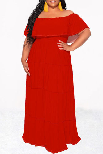 Red Sexy Solid Color Ruffle Off Shoulder Long Dresses