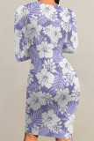 Light Purple Elegant Flowers Print Contrast O Neck Printed Dresses