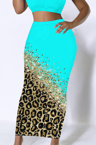 Leopard Print Casual Letters Gradient Splashed ink printing Leopard Contrast Skinny High Waist Full Print Bottoms