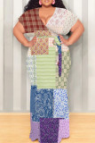 Tibetan Blue Casual Print Patchwork Strap Design V Neck Long Plus Size Dresses