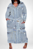 White Blue Street Faux Denim Print Pocket Contrast V Neck Printed Plus Size Dresses