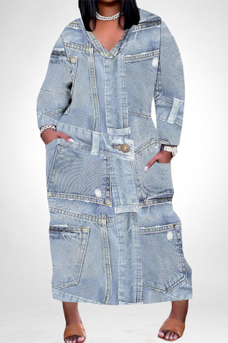 White Blue Street Faux Denim Print Pocket Contrast V Neck Printed Plus Size Dresses