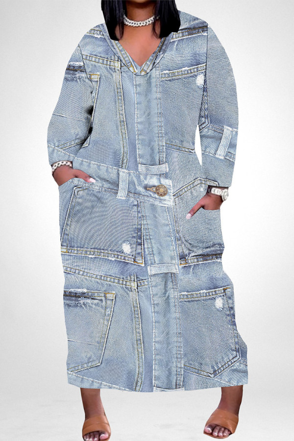 White Blue Street Faux Denim Print Pocket Contrast V Neck Printed Plus Size Dresses