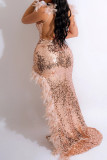 Black Nightclub Solid Color Sequins Feathers High Slit Spaghetti Strap Sling Dresses