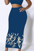 Tibetan Blue Casual Letters Gradient Splashed ink printing Leopard Contrast Skinny High Waist Full Print Bottoms