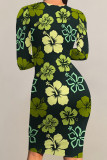 Light Purple Elegant Flowers Print Contrast O Neck Printed Dresses