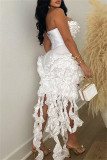 White Sexy Solid Color Patchwork Backless Strapless Irregular Dresses
