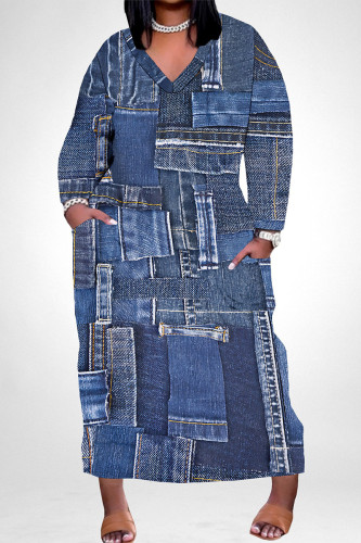 Dark Blue Street Faux Denim Print Pocket Contrast V Neck Printed Plus Size Dresses
