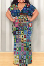 Colour Casual Print Patchwork Strap Design V Neck Long Plus Size Dresses