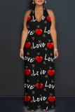 Colour Street Love Print Letters Lace Up Backless Contrast Halter Loose Jumpsuits