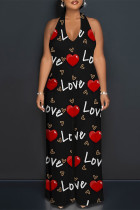 Black Red Street Love Print Letters Lace Up Backless Contrast Halter Loose Jumpsuits