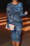 Baby Blue Casual Print Patchwork O Neck Wrapped Skirt Dresses