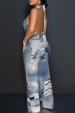 Blue Street Faux Denim Print Pocket Lace Up Backless Halter Loose Jumpsuits
