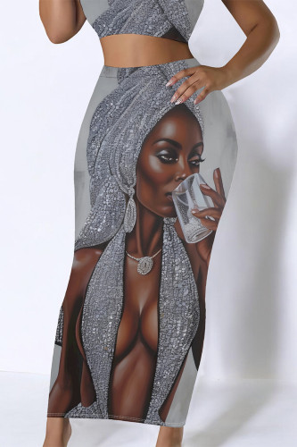 Silver Gray Casual Print portrait Contrast Skinny High Waist Full Print Bottoms