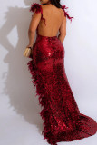 Black Nightclub Solid Color Sequins Feathers High Slit Spaghetti Strap Sling Dresses