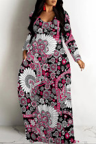 Black Red Casual Floral Print Pocket Contrast V Neck Printed Dresses