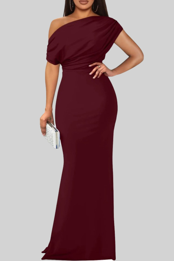 Burgundy Elegant Solid Color Patchwork Oblique Collar Long Dresses