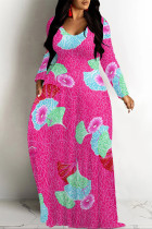 Rose Red Casual Floral Print Pocket Contrast V Neck Printed Dresses
