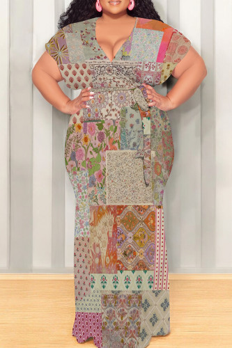 Multicolor Casual Print Patchwork Strap Design V Neck Long Plus Size Dresses