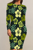 Light Purple Elegant Flowers Print Contrast O Neck Printed Dresses