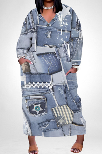 Baby Blue Street Faux Denim Print Pocket Contrast V Neck Printed Plus Size Dresses