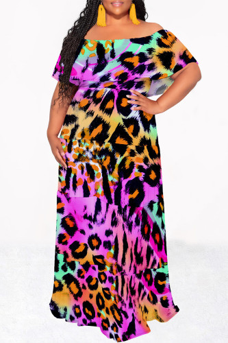Purple Sexy Leopard Print Gradient Chain print Ruffle Contrast Off Shoulder Printed Dresses