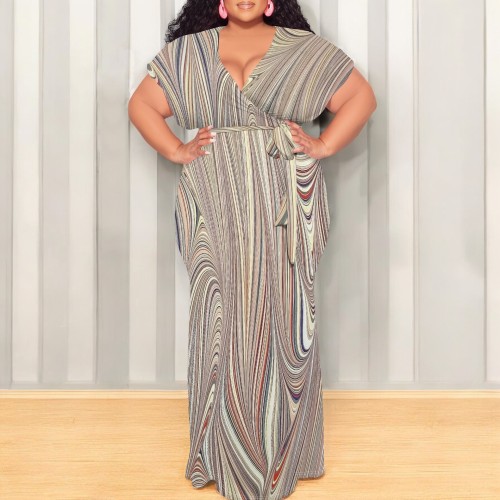 Light Khaki Casual Print Patchwork Strap Design V Neck Long Plus Size Dresses