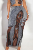 Brown Casual Print portrait Contrast Skinny High Waist Full Print Bottoms