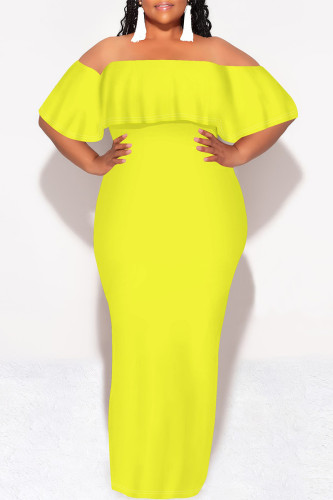 Yellow Sexy Solid Color Ruffle Off Shoulder Long Dresses