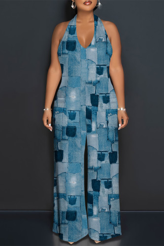 Blue Street Faux Denim Print Pocket Lace Up Backless Halter Loose Jumpsuits