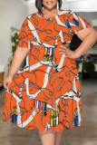 White Blue Sexy Colorblock Chain print Patchwork Contrast O Neck Printed Plus Size Dresses