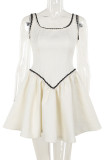 White Sexy Patchwork Zipper Contrast U Neck A Line Dresses
