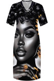 Black Gray Street Cartoon Print portrait Pocket Contrast V Neck Printed Plus Size Dresses