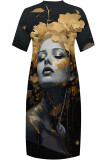 Black Gray Street Cartoon Print portrait Pocket Contrast V Neck Printed Plus Size Dresses