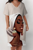 Yellow Street Letter Print portrait Pocket Contrast V Neck Printed Plus Size Dresses