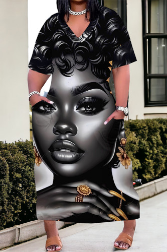 Black Gray Street Cartoon Print portrait Pocket Contrast V Neck Printed Plus Size Dresses