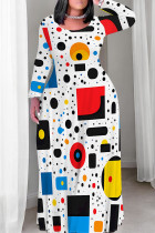 White Red Casual Print Patchwork O Neck Long Plus Size Dresses