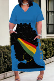 Black Gray Street Cartoon Print portrait Pocket Contrast V Neck Printed Plus Size Dresses