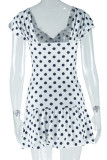 White Sexy Casual Polka Dot Print Hollow Out Square Neck Short Sleeve Dresses