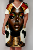 Green Casual Print portrait Pocket Contrast V Neck Printed Plus Size Dresses