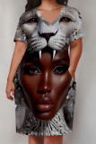 Green Casual Print portrait Pocket Contrast V Neck Printed Plus Size Dresses