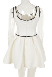 White Sexy Patchwork Zipper Contrast U Neck A Line Dresses