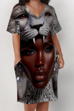 Green Casual Print portrait Pocket Contrast V Neck Printed Plus Size Dresses