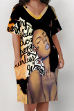 Yellow Street Letter Print portrait Pocket Contrast V Neck Printed Plus Size Dresses
