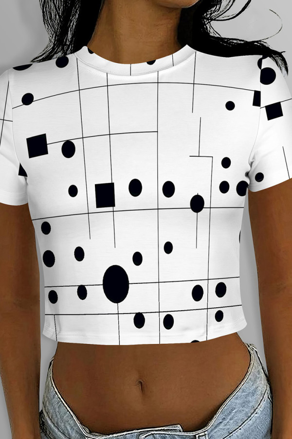 White Black Casual Print Patchwork O Neck T-Shirts