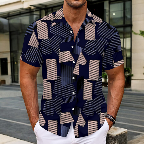 Tibetan Blue Casual Geometric Print Buttons Contrast Turndown Collar Tops