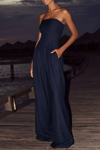 Navy Blue Casual Solid Color Pocket Patchwork Backless Strapless Loose Jumpsuits