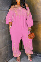 Pink Casual Print Basic Off Shoulder Regular Jumpsuits