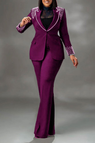 Purple Business Wear Formal Office lady Solid Color Pocket Buttons Hot Drill Turn-back Collar Long Sleeve Two Pieces