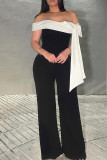 Black Casual Bow Patchwork Backless Off Shoulder Jumpsuits